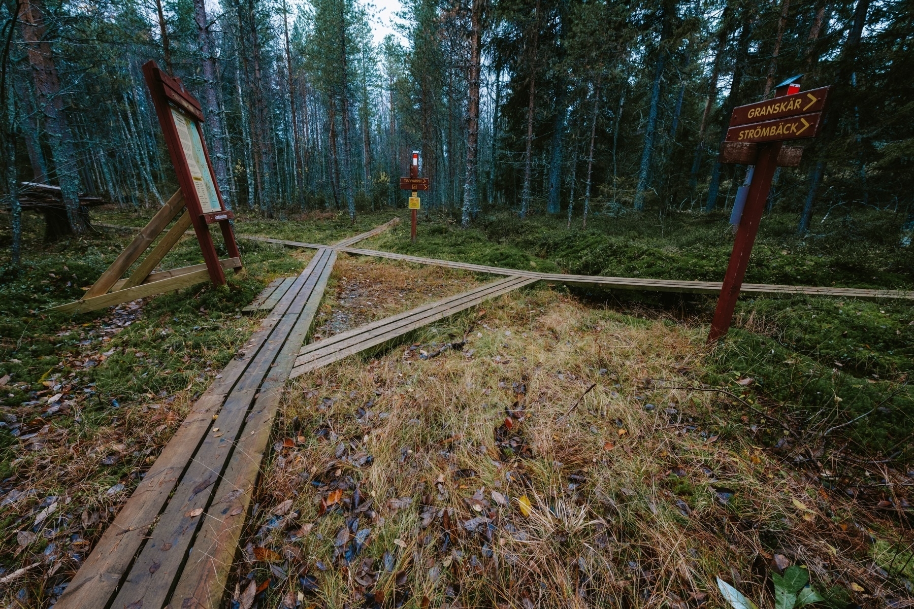 A forest path with wooden boardwalks forming an intersection. Signs indicate directions to Granskar and Strömbäck. The surrounding area is lush with trees and foliage.